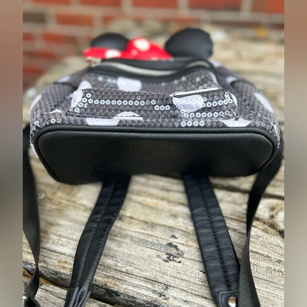 Disney Parks Loungefly Minnie Mouse Sequined Black White Polka Dot Mini Backpack - Picture 11 of 12